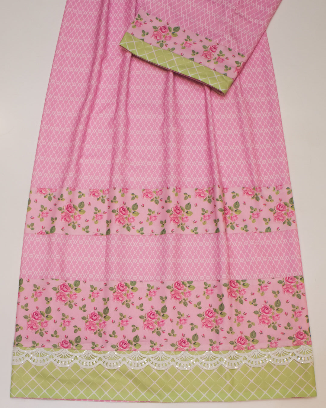Baby Pink Rida With Smart Floral Rose Panel & Lace