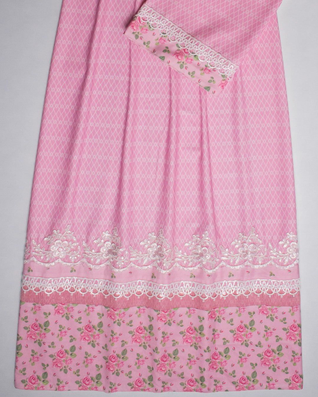 Baby Pink Printed Rida With Smart Printed Panel & Lace
