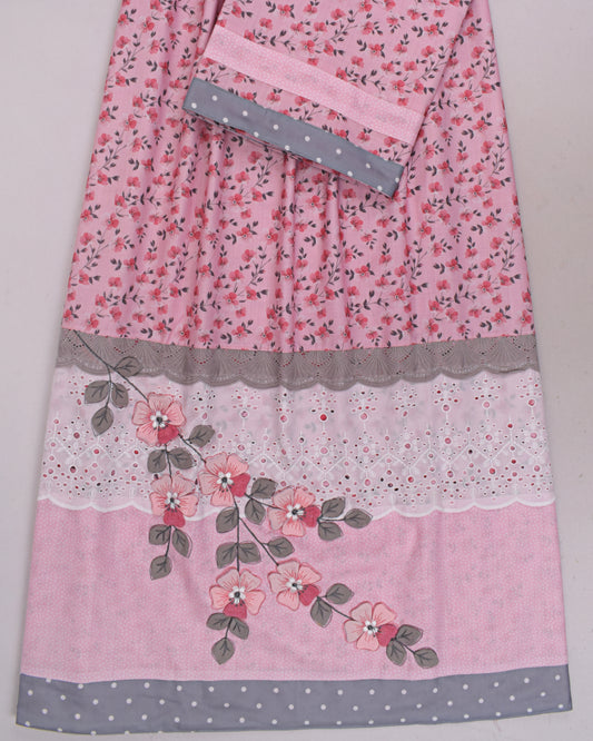 Pink & Grey Floral Printed & Applique Flower Work