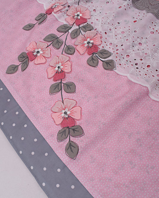 Pink & Grey Floral Printed & Applique Flower Work