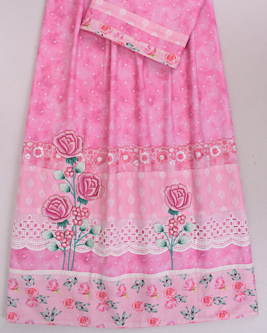 Onion Marble White Dots With Floral Panel & Rose Applique Work