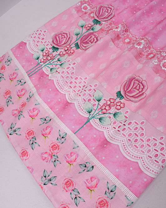 Onion Marble White Dots With Floral Panel & Rose Applique Work