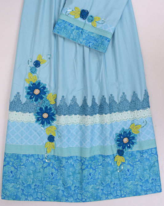 Turquoise Blue With Applique Work & Lace