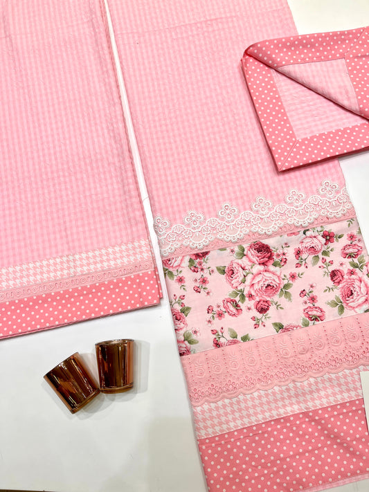 Baby Pink Checks Floral Panel Rida With Masallah